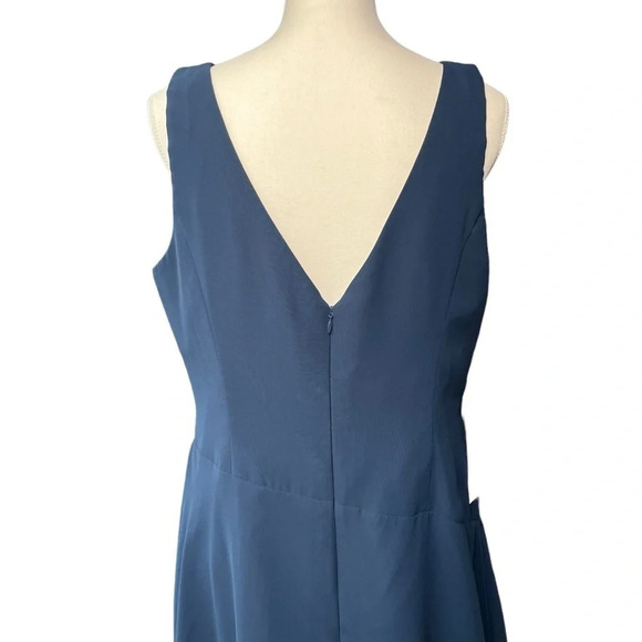 Azazie (NWT) Annabella Midi Length Dark Navy Blue V-Neck Sleeveless Dress Sz 14 - Picture 6 of 12
